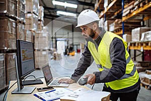 Warehouseman checking delivery, stock in warehouse on computer, pc. Warehouse manager using warehouse management