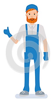 Warehouseman shows the thumb. The warehouse worker working Cartoon character person in working situations photo