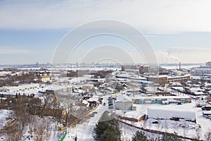 Warehouses and industry - landscape of winter snow city