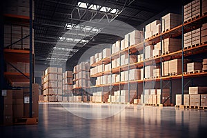 Warehousing Excellence A Glimpse into a Vast Industrial Warehouse Filled with Shelf Stacked Goods. created with Generative AI