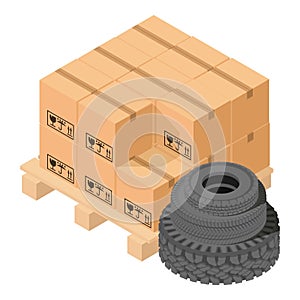 Warehousing icon isometric vector. Wooden pallet with box and new auto tire icon