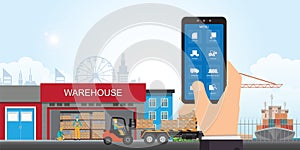 Warehousing and storage app on a smartphone with shipping icons