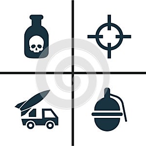 Warfare Icons Set. Collection Of Target, Ordnance, Bombshell And Other Elements. Also Includes Symbols Such As Artillery