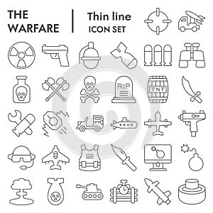 Warfare thin line icon set. Military signs collection, sketches, logo illustrations, web symbols, outline style