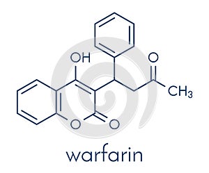 Warfarin anticoagulant drug molecule. Used in thrombosis and thromboembolism prevention. Skeletal formula.