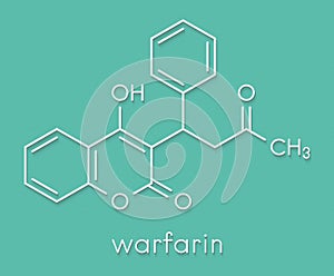 Warfarin anticoagulant drug molecule. Used in thrombosis and thromboembolism prevention. Skeletal formula. photo