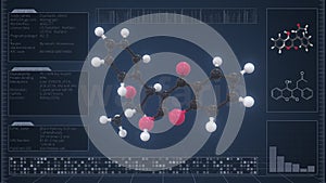 Warfarin molecule with description on the computer screen, loopable 3d animation