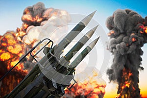 Warhead missiles and explosions in background. War concept. 3D rendered illustration photo
