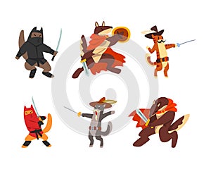 Warlike Animal Characters Fighting with Sword and Saber Wearing Cloak and Holding Shield Vector Set