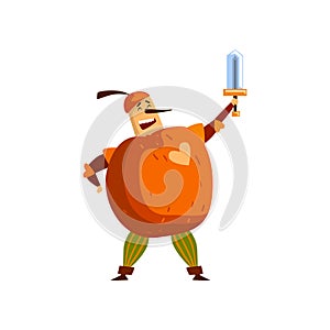 Warlike apple cartoon character with sword, man in fruit costume vector Illustration on a white background