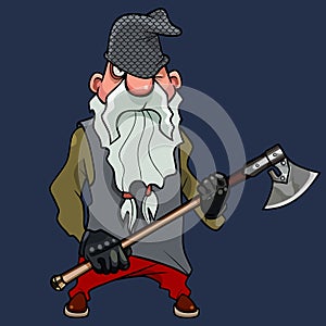 Warlike cartoon bearded dwarf man standing with an ax in his hands