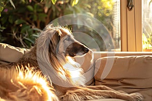 Warm Afghan hound dog sunlight. Generate Ai
