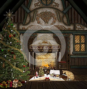 Warm atmosphere inside a Christmas cottage