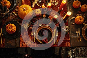 Warm Autumn Evening Dinner Party Table Setting with Candlelight photo