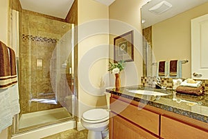 Warm bathroom interior with glass door shower