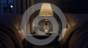 Warm Bedroom Interior with Lamp Glow photo