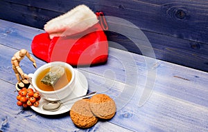 Warm beverage. Drink aromatic rowanberry beverage. Health care folk remedies. Cup of tea on blue background close up