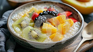 A warm bowl of tropical fruit and ginger congee perfect for a cool morning brunch