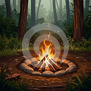 A warm campfire burns brightly in a forest clearing, surrounded by a circle of arranged