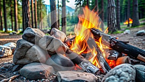 Warm Campfire in Forest Surrounded by Rocks at Dusk
