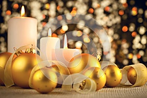 Warm Christmas decoration on glitter bokeh background
