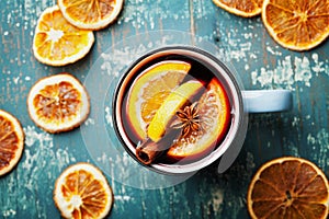 Warm christmas mulled wine or gluhwein with spices and orange slices on wooden teal table top view. Traditional drink on winter.