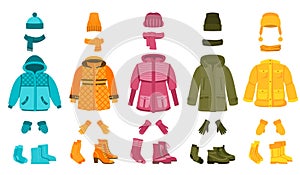 Warm cloth and accessories. Winter clothing, cartoon women seasonal garment. Coat and jacket, hat and scarf. Isolated
