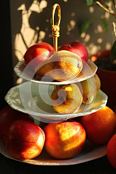 Warm color sunlit pears apples oranges fruits on three tier porcelain stand server next to a ficus pot plant on window sill