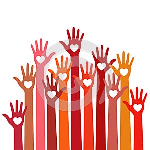 Warm colors colorful caring up hands hearts vector logo.
