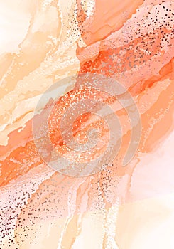 Warm colors water swirl, coral orange liquid flow with gold splatter. Creative trendy vector splash, alcohol ink background.