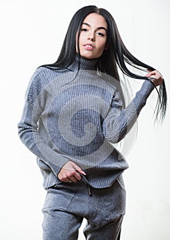 Warm comfortable clothes. Casual style fashion for every day. Female knitwear. Fashionable knitwear. Knitwear concept