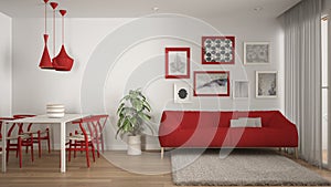 Warm and confortable colored white and red living room with dining table, sofa and fur carpet, potted plant and parquet floor, photo