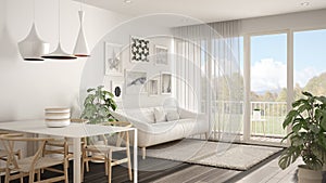 Warm and confortable scandinavian white and gray living room with dining table, sofa and fur carpet, potted plant and parquet photo