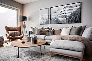 Warm and cosy living room interior design in grey brown and neutral colour, stylish modern contemporary livingroom. generative ai