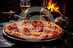 Warm and cozy atmosphere. festive table with delicious pizza and fine wine by a crackling fireplace