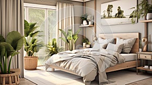 Warm and cozy bedroom interior, bed, beige linens and personal accessories. Home decor. Sample