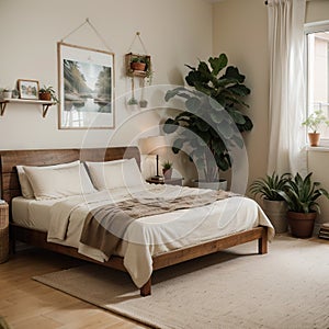 Warm and cozy bedroom interior with mock up poster frame boho bed beige bedding green wall with stucco books brown slippers