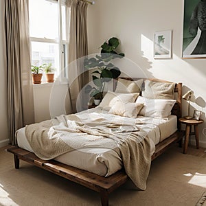 Warm and cozy bedroom interior with mock up poster frame boho bed beige bedding green wall with stucco books brown slippers