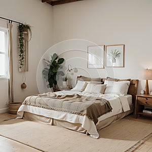 Warm and cozy bedroom interior with mock up poster frame boho bed beige bedding green wall with stucco books brown slippers