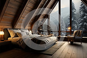 Warm and cozy chalet bedroom with wooden d??cor, winter forest view