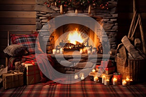 Warm cozy Christmas fireplace in a festive interior of a log cabins with wooden walls. Armchair with red blankets