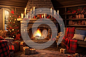 Warm cozy Christmas fireplace in a festive interior of a log cabins with wooden walls. Armchair with red blankets