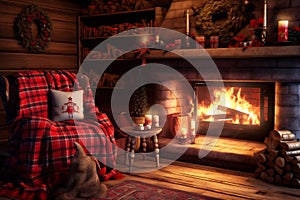 Warm cozy Christmas fireplace in a festive interior of a log cabins with wooden walls. Armchair with red blankets