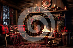 Warm cozy Christmas fireplace in a festive interior of a log cabins with wooden walls. Armchair with red blankets