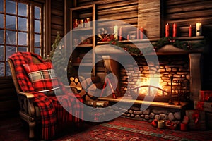 Warm cozy Christmas fireplace in a festive interior of a log cabins with wooden walls. Armchair with red blankets