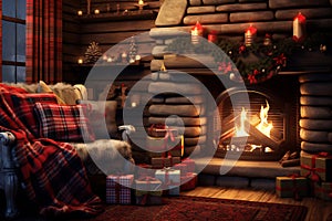 Warm cozy Christmas fireplace in a festive interior of a log cabins with wooden walls. Armchair with red blankets
