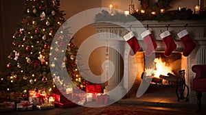 A warm and cozy Christmas scene with a fireplace, decorated with garlands and stockings