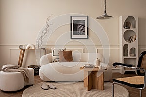 Warm and cozy composition of living room interior with mock up poster frame, modular sofa, wooden coffee table, round rug, beige