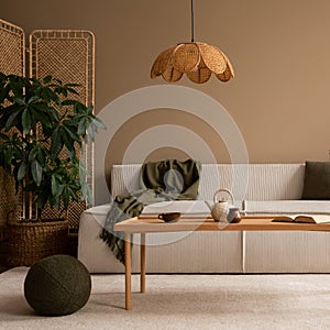 Warm and cozy composition of living room interior with modular sofa, wooden coffee table, rattan sideboard, lamp, round green