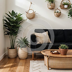 Warm and cozy ethno living room interior with couch, patterned pillows, plants i flowerpots, fern, rattan sideboard, basket on wal